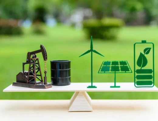 Concept d'énergie de substitution fossile/renouvelable/future : Pétrole à pompe, baril de tambour de pétrole brut, panneau solaire, pile à feuilles vertes, éolienne sur une échelle de balance du bois égale.
