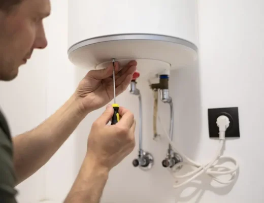 plombier fixant chauffe-eau électrique. Nettoyage du réservoir de chauffage d'eau.